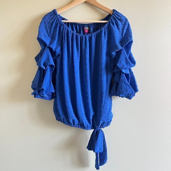 VINCE CAMUTO Polka‎ Dots Blue Tie Ruffled Balloon Sleeve Off Shoulder Blouse XS - Picture 1 of 4
